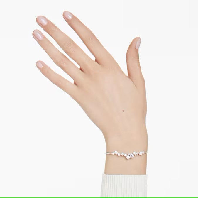 Swarovski Constella bangle, Crystal pearl, Round cuts, White, Rhodium plated