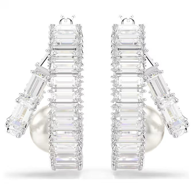 Swarovski Ariana Grande x Swarovski hoop earrings, Crystal pearl, Baguette cut, White, Rhodium plated