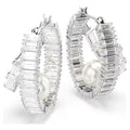 Swarovski Ariana Grande x Swarovski hoop earrings, Crystal pearl, Baguette cut, White, Rhodium plated