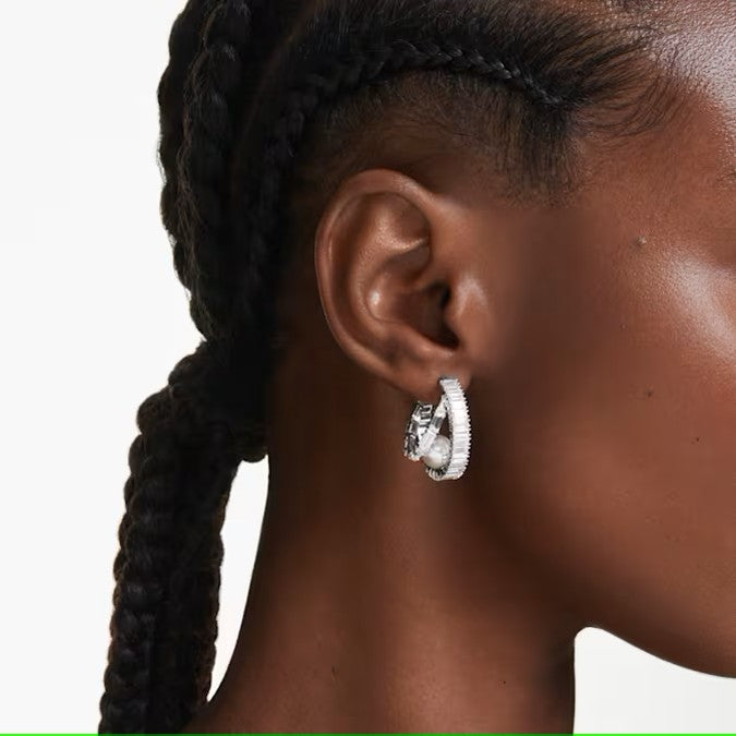 Swarovski Ariana Grande x Swarovski hoop earrings, Crystal pearl, Baguette cut, White, Rhodium plated