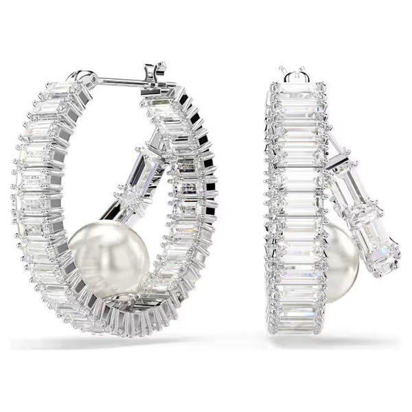 Swarovski Ariana Grande x Swarovski hoop earrings, Crystal pearl, Baguette cut, White, Rhodium plated