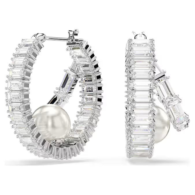 Swarovski Ariana Grande x Swarovski hoop earrings, Crystal pearl, Baguette cut, White, Rhodium plated