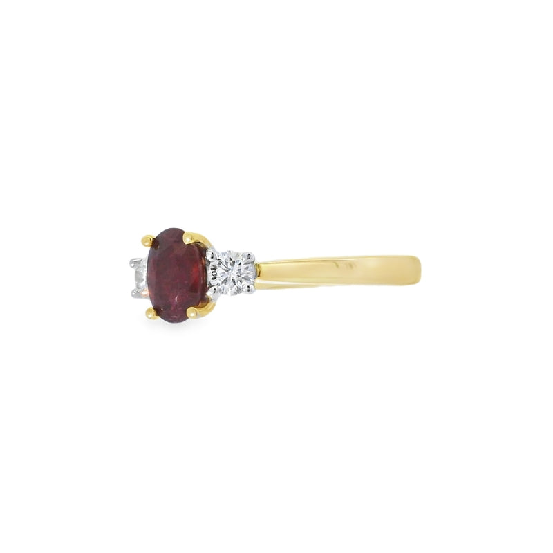 Ruby and Diamond 3 Stone, 18ct Yellow Gold Ring