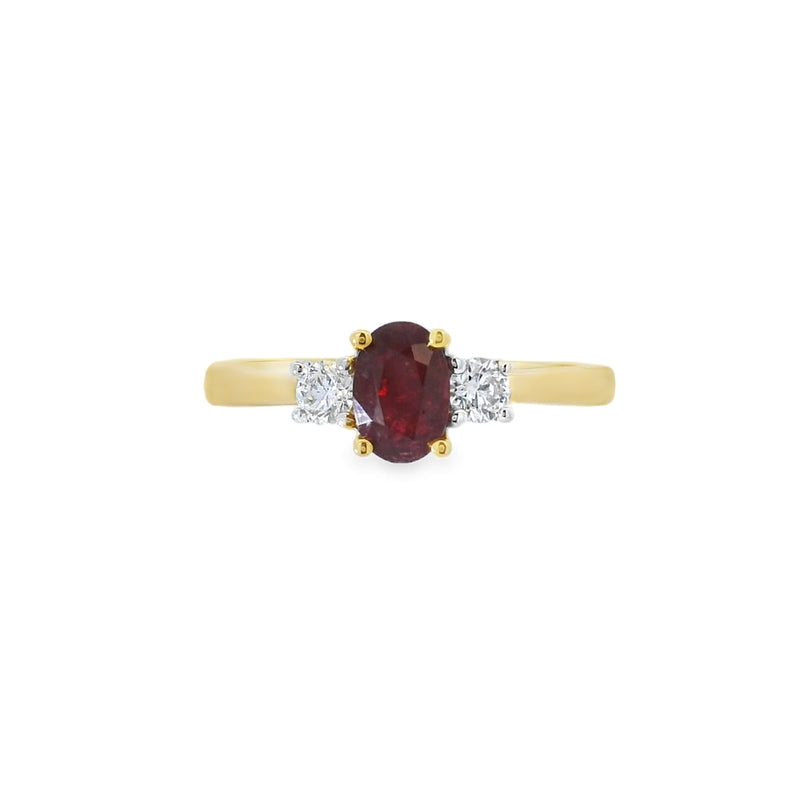 Ruby and Diamond 3 Stone, 18ct Yellow Gold Ring