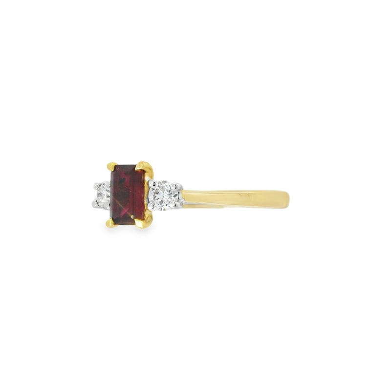 Ruby and Diamond 3 Stone, 18ct Yellow Gold Ring