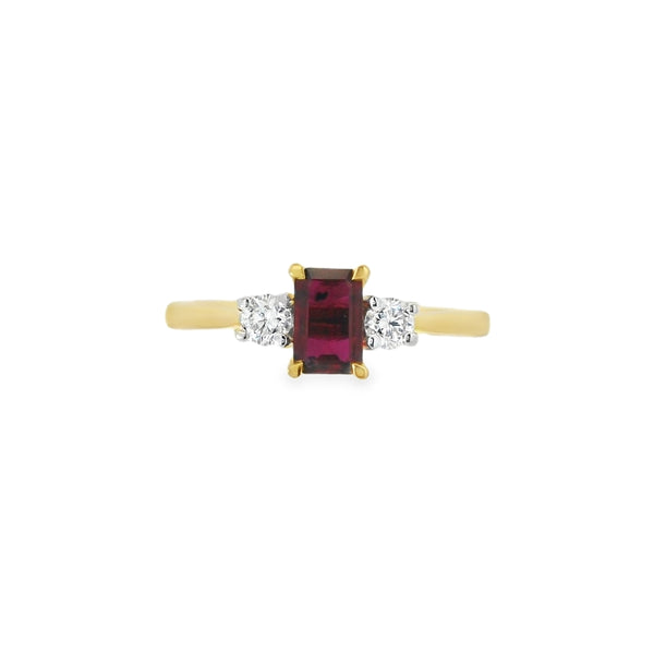 Ruby and Diamond 3 Stone, 18ct Yellow Gold Ring