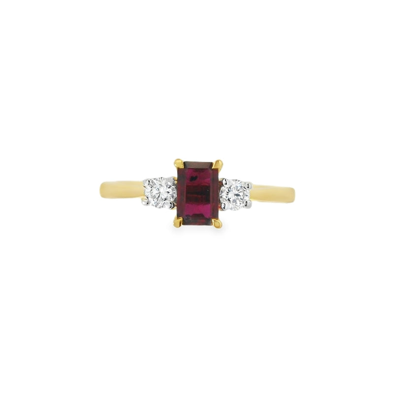 Ruby and Diamond 3 Stone, 18ct Yellow Gold Ring