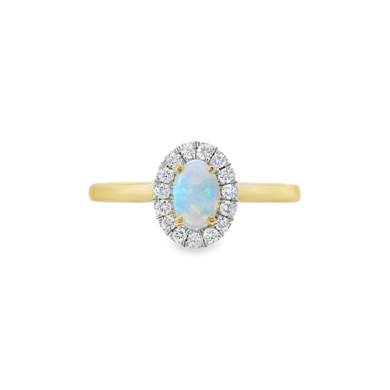 Opal and Diamond Oval Halo, 18ct Yellow Gold Ring