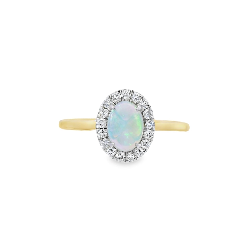 Opal and Diamond Oval Halo, 18ct Yellow Gold Ring