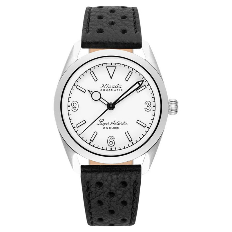 Nivada Grenchen Super Antarctic White 3.6.9, White Luminova, Black Racing Strap 38mm Watch