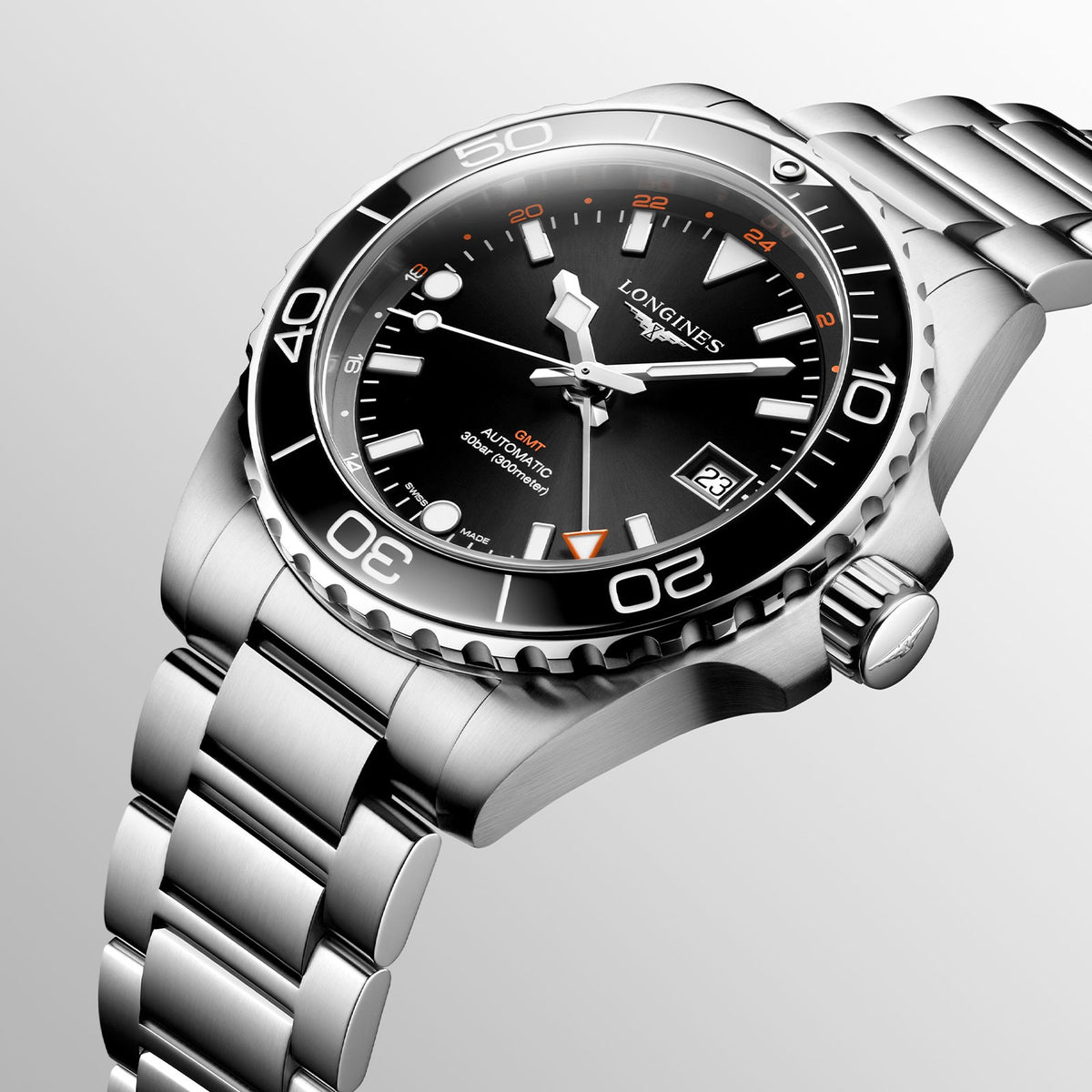 Longines HydroConquest GMT Black 43mm Stainless Steel Bracelet Watch L3.790.4.56.6
