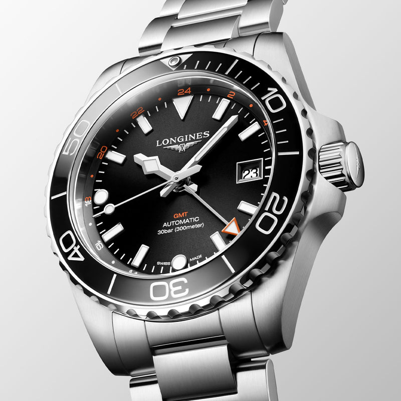 Longines HydroConquest GMT Black 43mm Stainless Steel Bracelet Watch L3.790.4.56.6