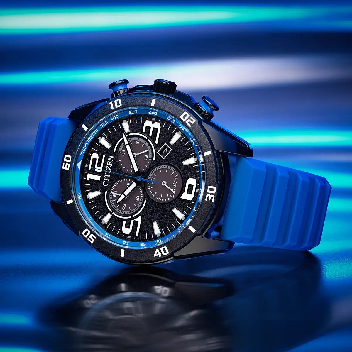 Citizen Eco-Drive Sport Chronograph Blue Rubber 45mm Watch AT2586-05E