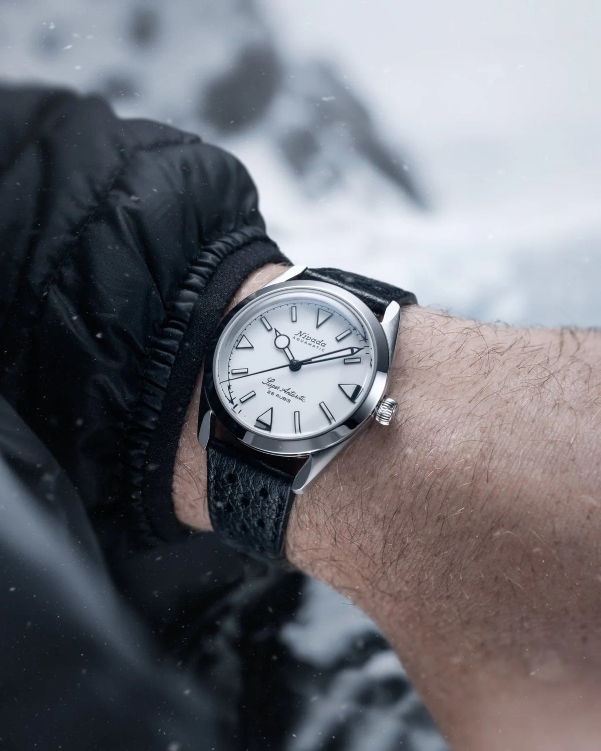 Nivada Grenchen Super Antarctic White, White Luminova, Black Racing Strap 38mm Watch 32065A10