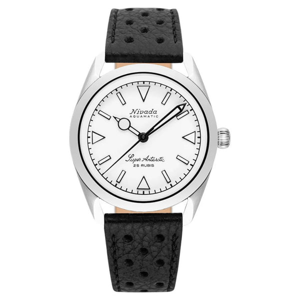 Nivada Grenchen Super Antarctic White, White Luminova, Black Racing Strap 38mm Watch 32065A10