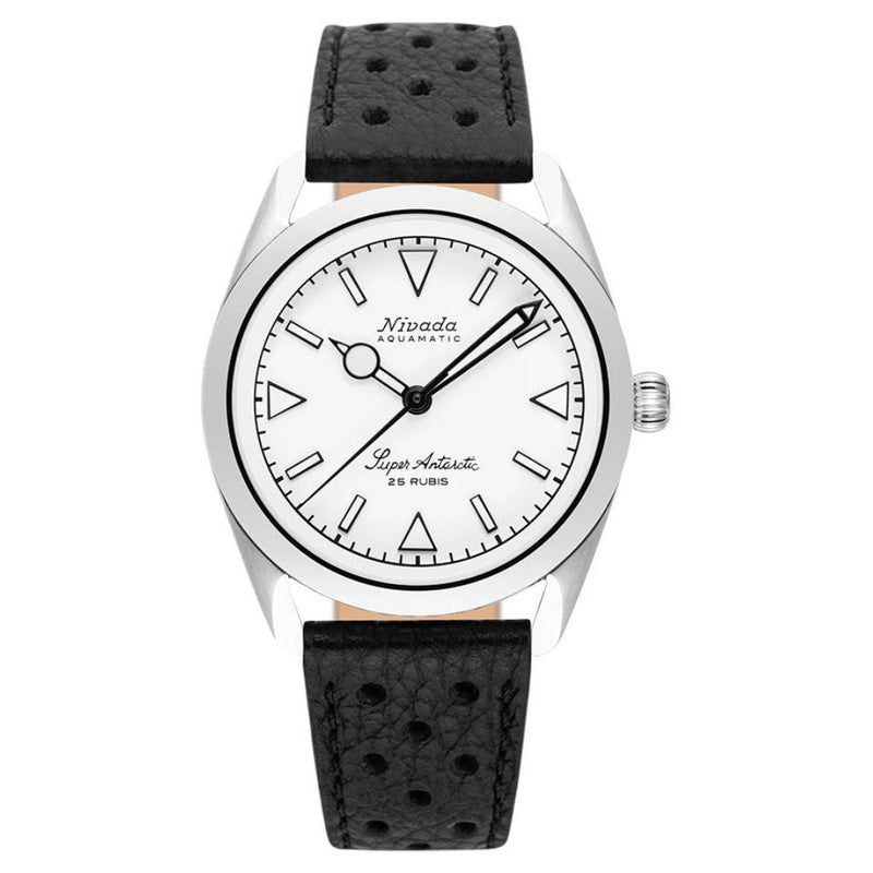 Nivada Grenchen Super Antarctic White, White Luminova, Black Racing Strap 38mm Watch 32065A10