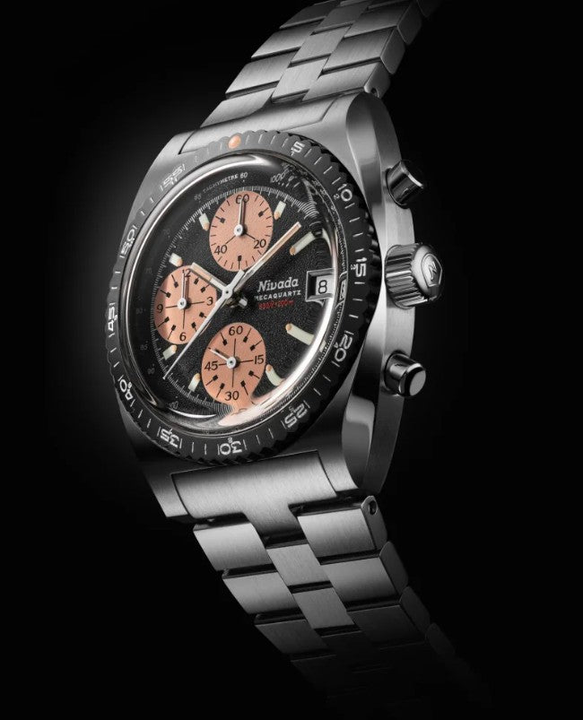 Nivada Grenchen Chronosport Mecaquartz Steel Salmon Bracelet 38mm Watch 77002Q45