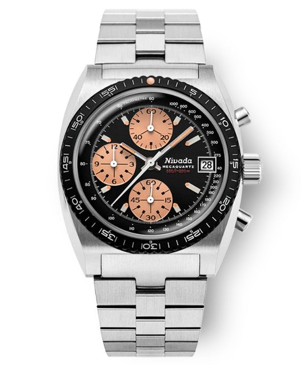Nivada Grenchen Chronosport Mecaquartz Steel Salmon Bracelet 38mm Watch 77002Q45