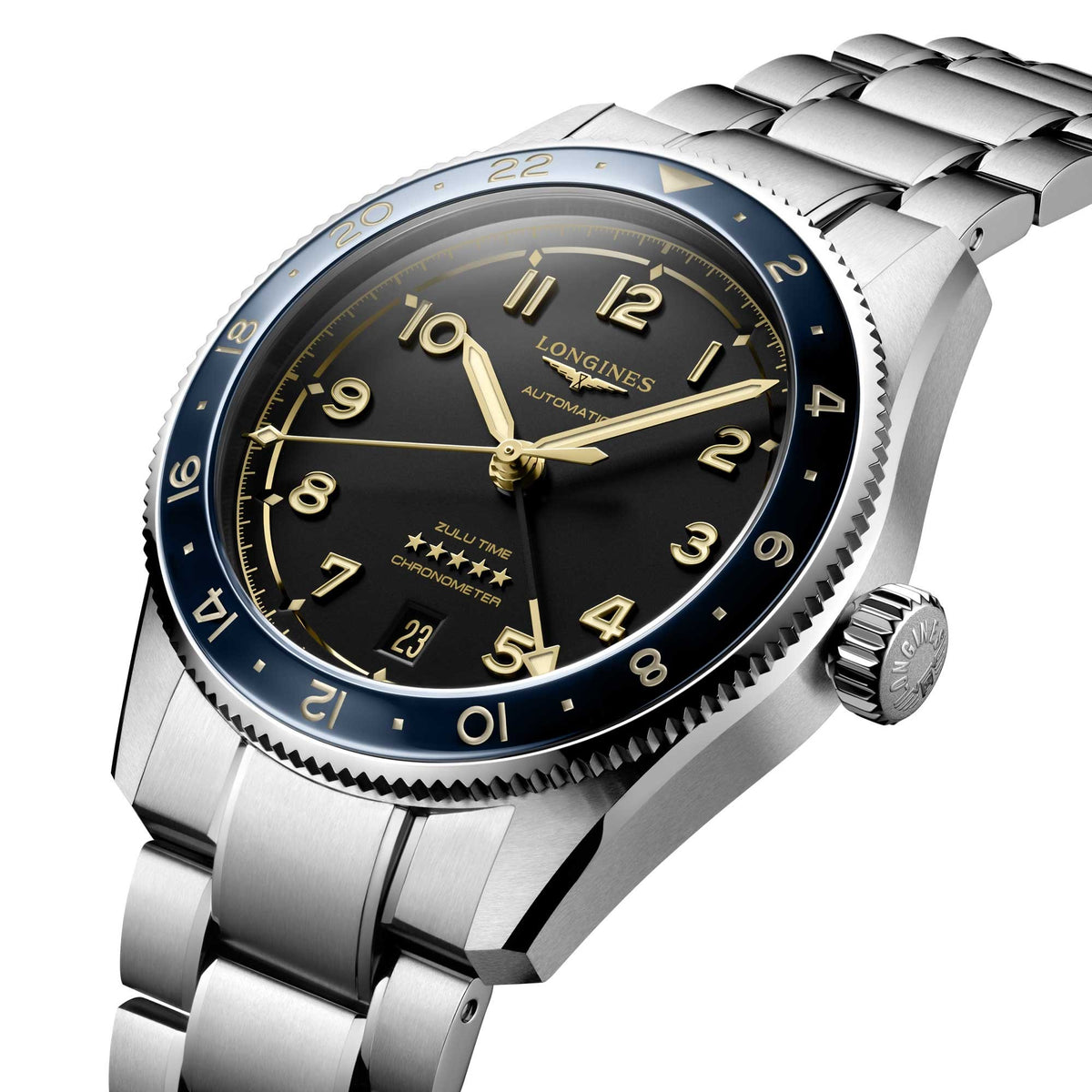 Longines Spirit Zulu Time Steel Blue Bezel 39mm Watch L3.802.4.60.6