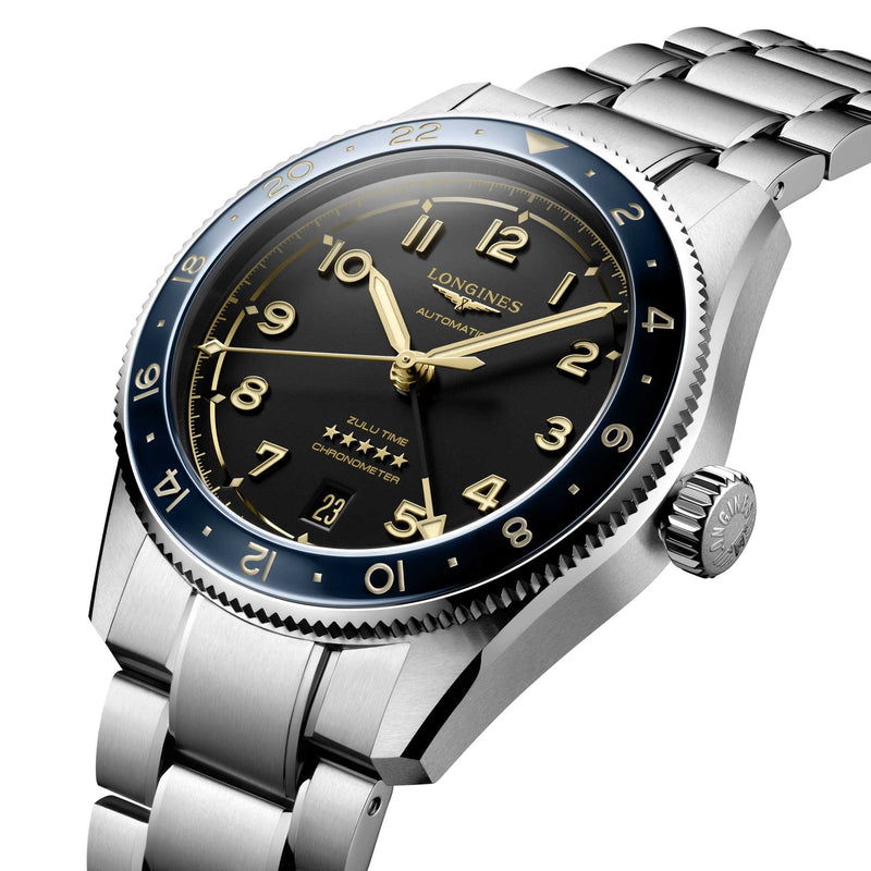 Longines Spirit Zulu Time Steel Blue Bezel 39mm Watch L3.802.4.60.6