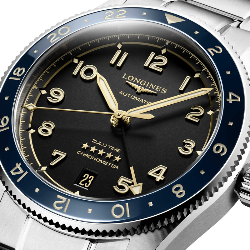 Longines Spirit Zulu Time Steel Blue Bezel 39mm Watch L3.802.4.60.6