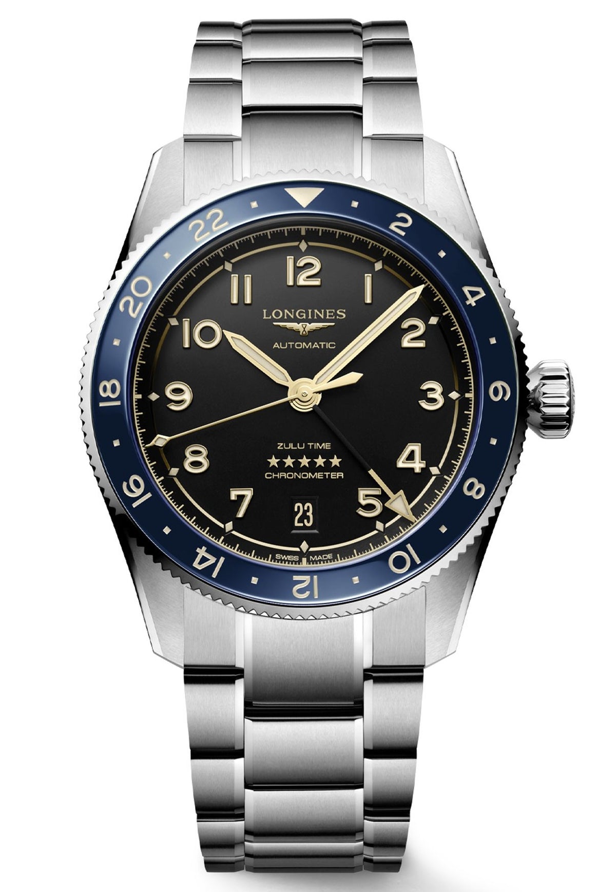Longines Spirit Zulu Time Steel Blue Bezel 39mm Watch L3.802.4.60.6