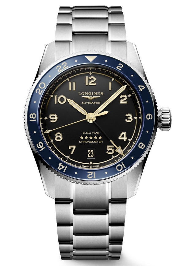 Longines Spirit Zulu Time Steel Blue Bezel 39mm Watch L3.802.4.60.6