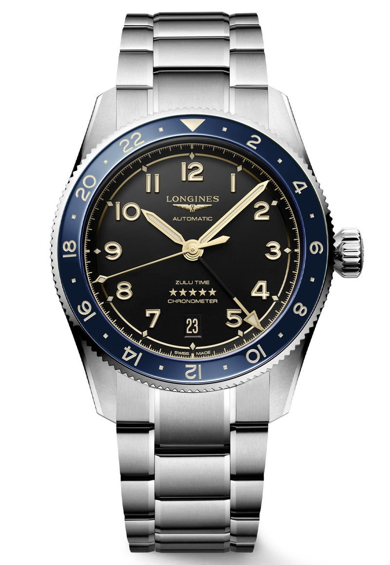 Longines Spirit Zulu Time Steel Blue Bezel 39mm Watch L3.802.4.60.6