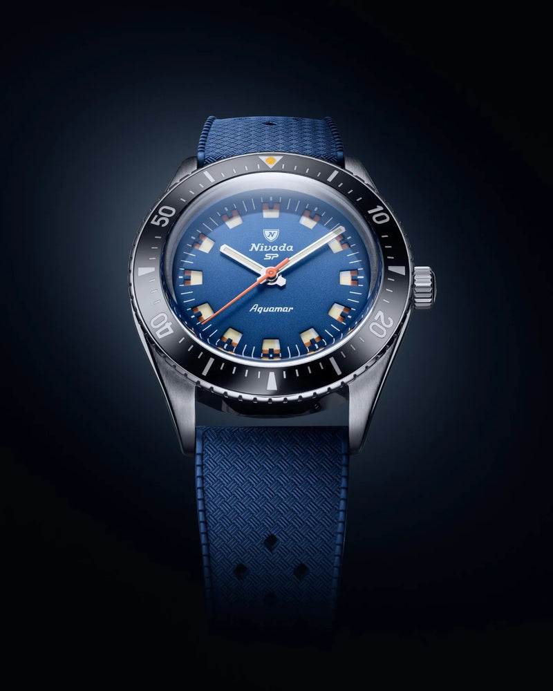 Nivada Grenchen Aquamar Blue Automatic Rubber tropic 38mm Watch 32074A24