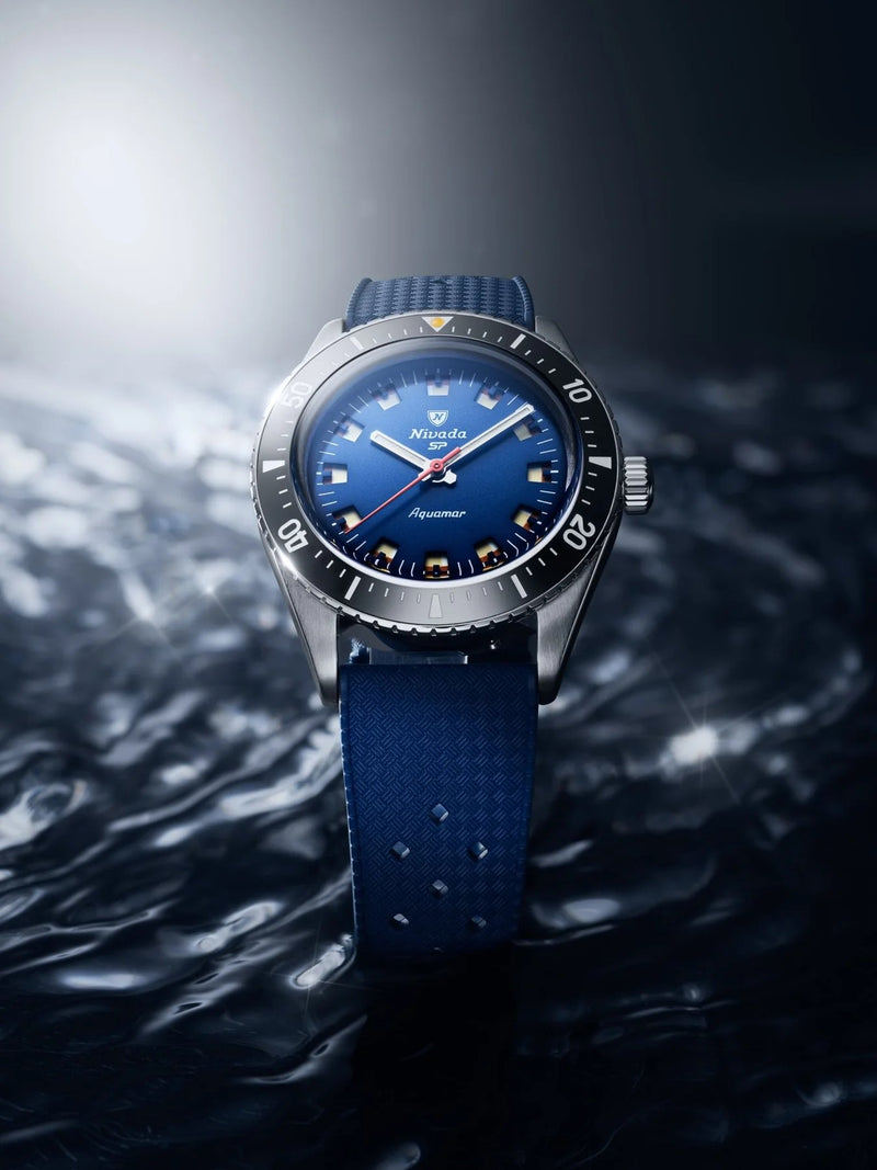 Nivada Grenchen Aquamar Blue Automatic Rubber tropic 38mm Watch 32074A24