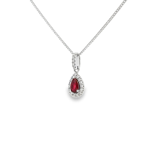 Ruby & Diamond Pear Shaped 18ct White Gold Pendant