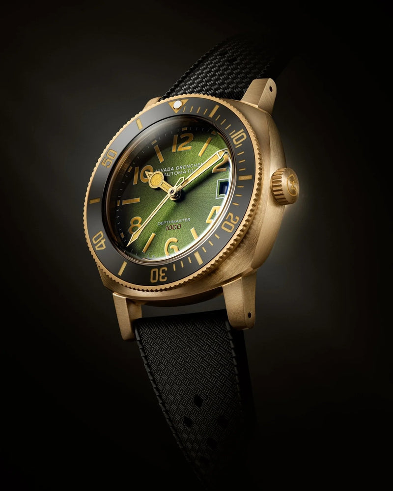 Nivada Grenchen Depthmaster Bronze Green Ruber Strap 39mm Watch 14132A01