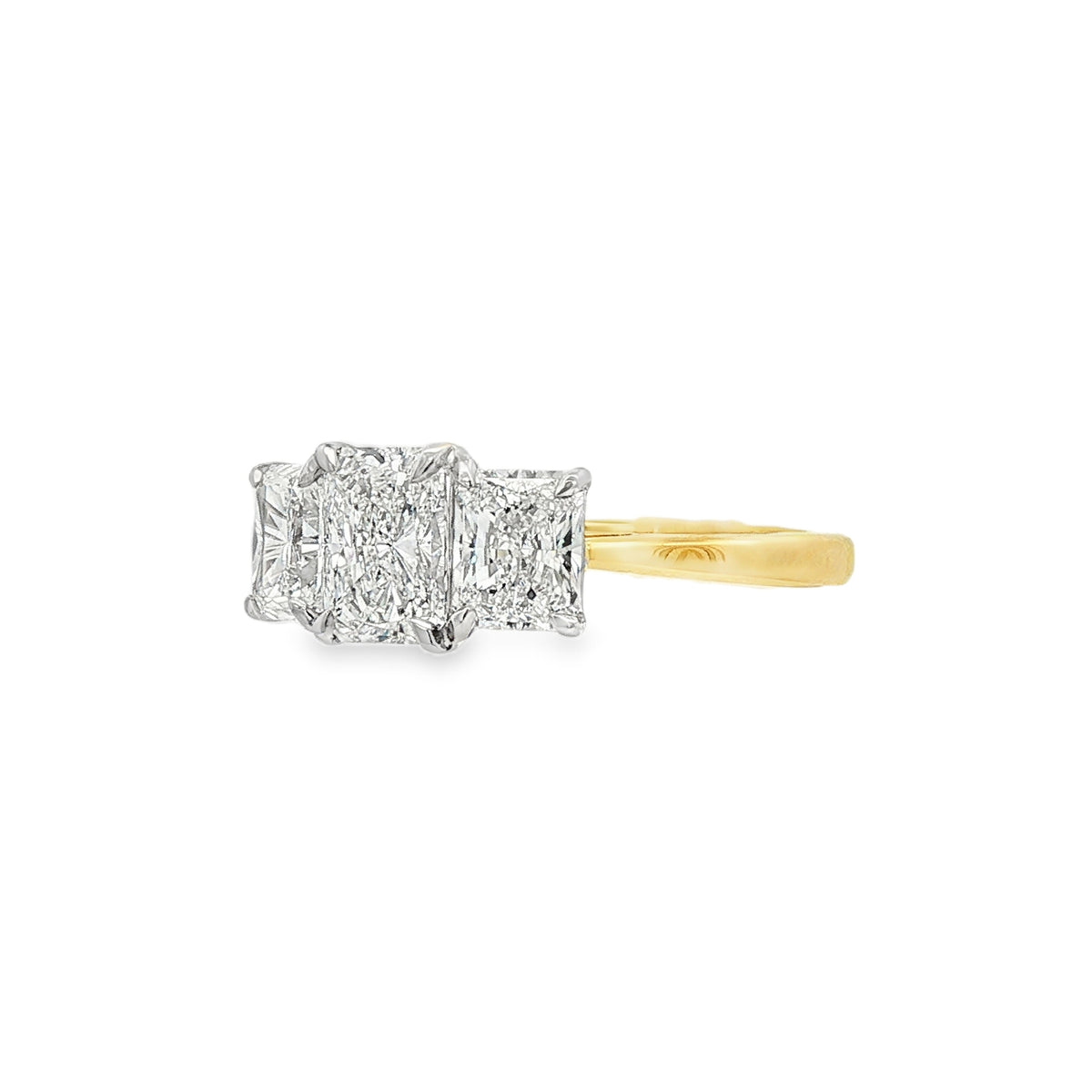 Diamond 3 Stone 2.40ct Radiant Cut 18ct Yellow Gold & Platinum Ring