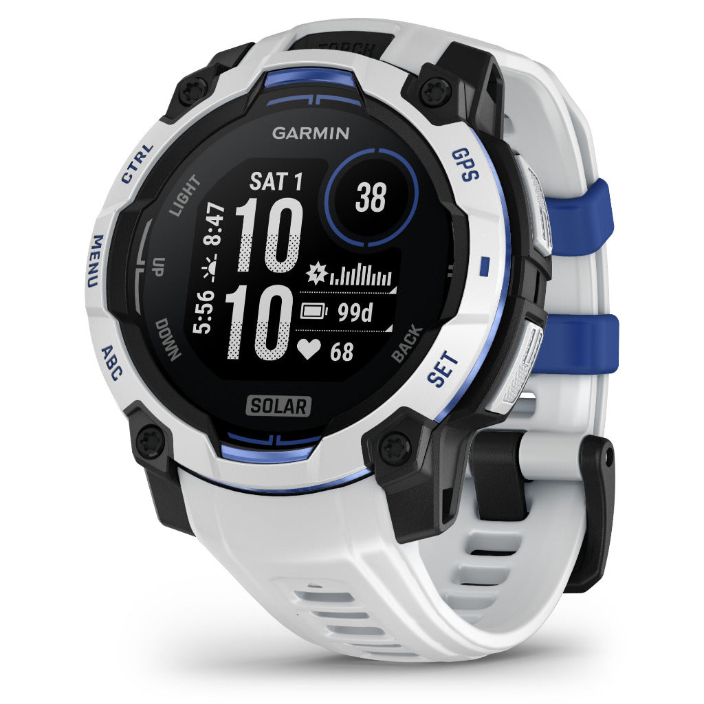 Garmin Instinct 3 - 45mm, Solar, Whitestone with Whitestone/Bolt Blue Band 010-02934-03