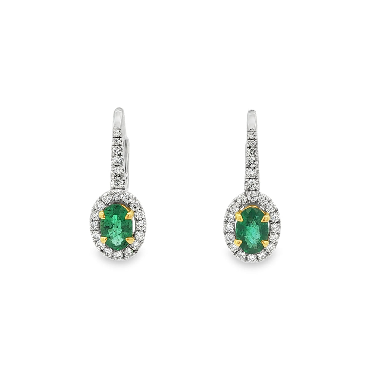 Emerald & Diamond Oval Platinum & 18ct Yellow Gold Drop Earrings