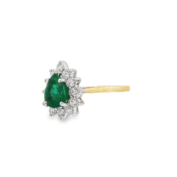 Emerald & Diamond Pear Shape Cluster 18ct Yellow & White Gold Ring