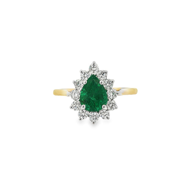 Emerald & Diamond Pear Shape Cluster 18ct Yellow & White Gold Ring
