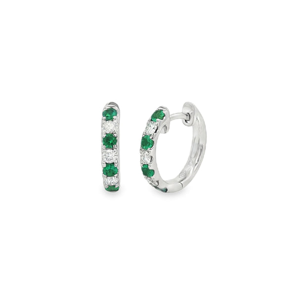 Emerald & Diamond 18ct White Gold Huggie Hoop Earrings