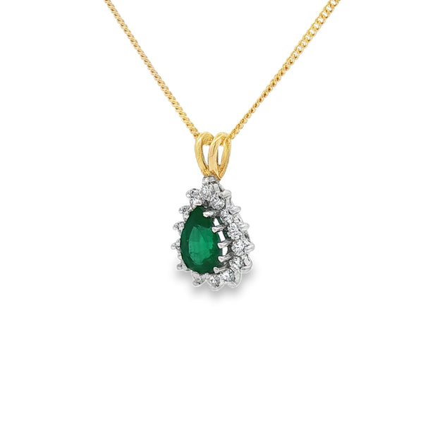 Emerald & Diamond 18ct Yellow Gold Pear Shape Cluster Pendant