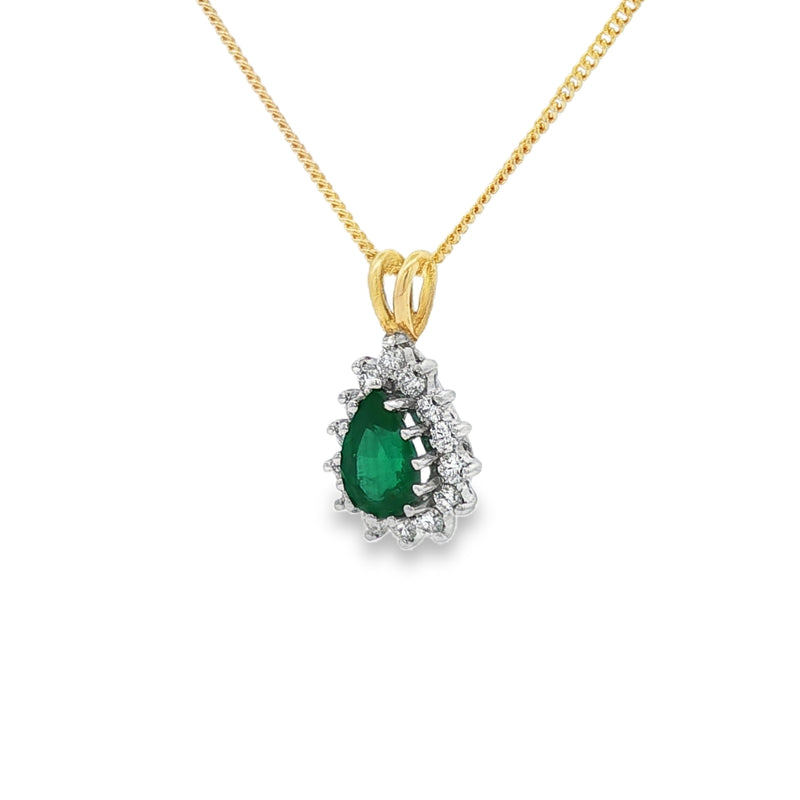 Emerald & Diamond 18ct Yellow Gold Pear Shape Cluster Pendant