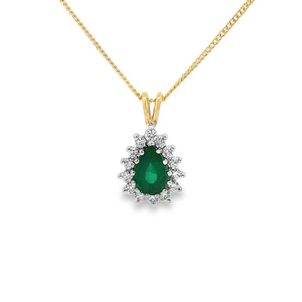 Emerald & Diamond 18ct Yellow Gold Pear Shape Cluster Pendant
