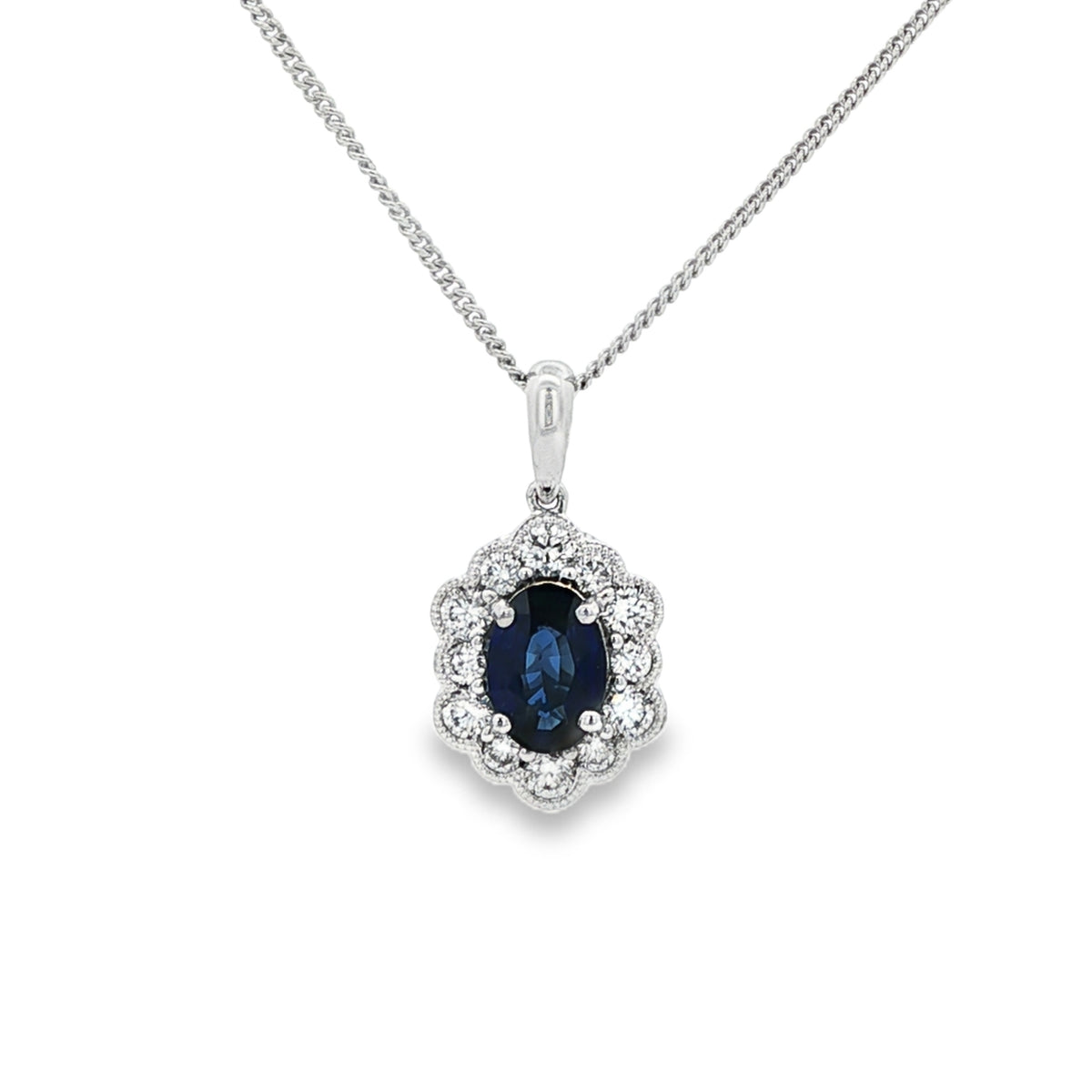 Sapphire & Diamond 18ct White Gold Millgrain Oval Cut Pendant