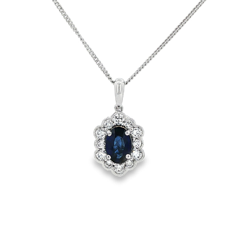 Sapphire & Diamond 18ct White Gold Millgrain Oval Cut Pendant