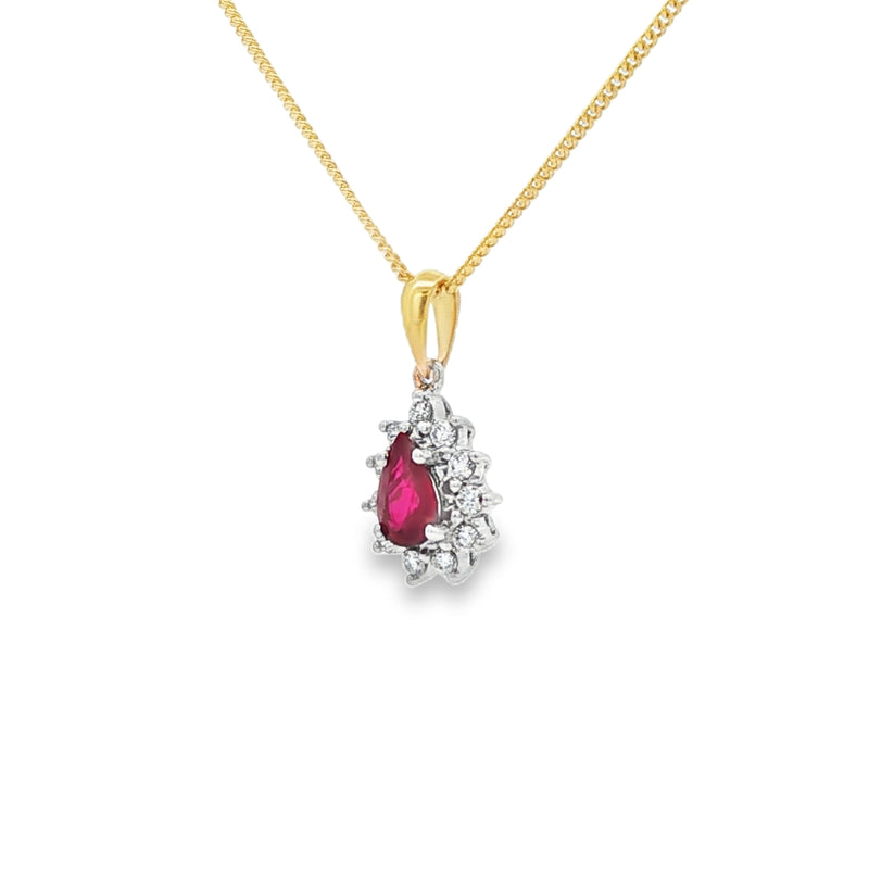 Ruby & Diamond Pear Cluster 18ct Yellow Gold Pendant