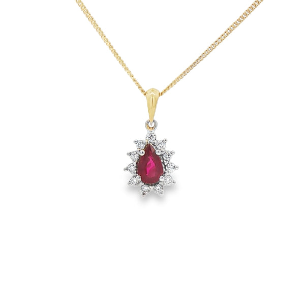 Ruby & Diamond Pear Cluster 18ct Yellow Gold Pendant