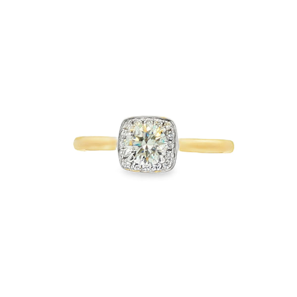 18ct Yellow & White Gold Round Brilliant Cut 0.52ct Cushion Halo Ring