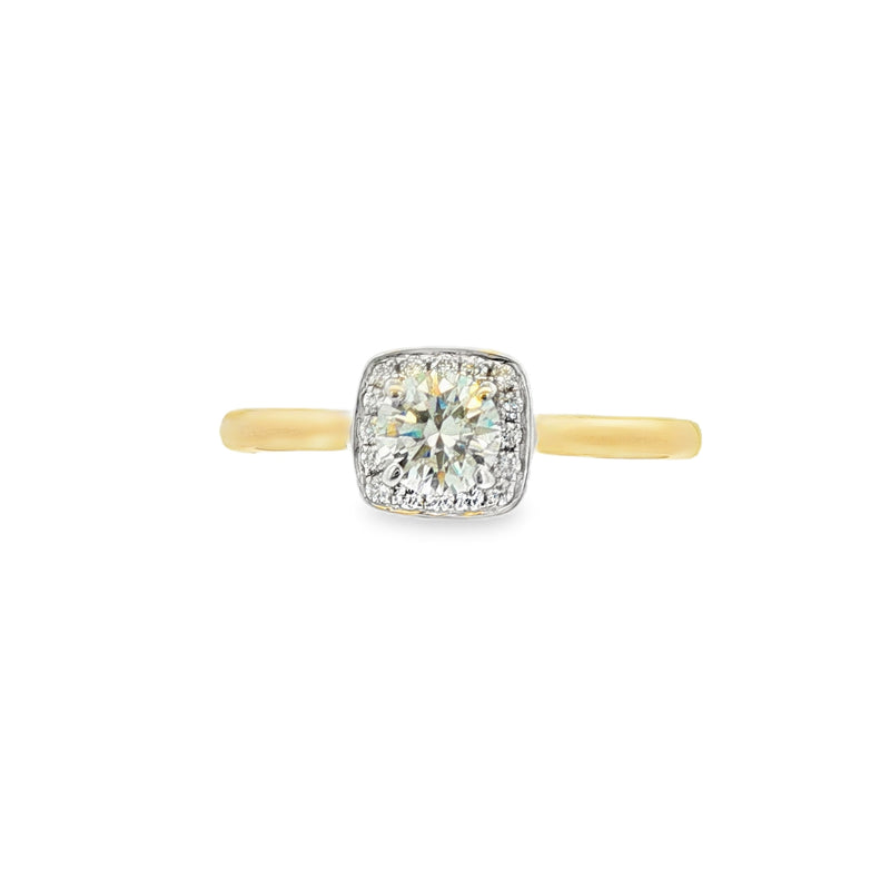 18ct Yellow & White Gold Round Brilliant Cut 0.52ct Cushion Halo Ring