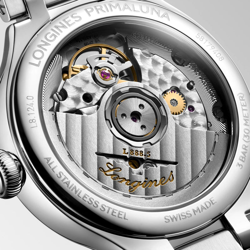 Longines Primaluna Steel 34mm Silver Dial Diamond Bezel Watch L8.124.0.71.6