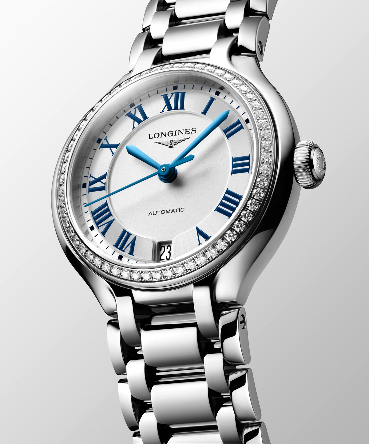 Longines Primaluna Steel 34mm Silver Dial Diamond Bezel Watch L8.124.0.71.6