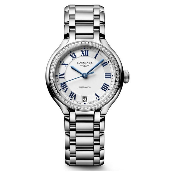 Longines Primaluna Steel 34mm Silver Dial Diamond Bezel Watch L8.124.0.71.6
